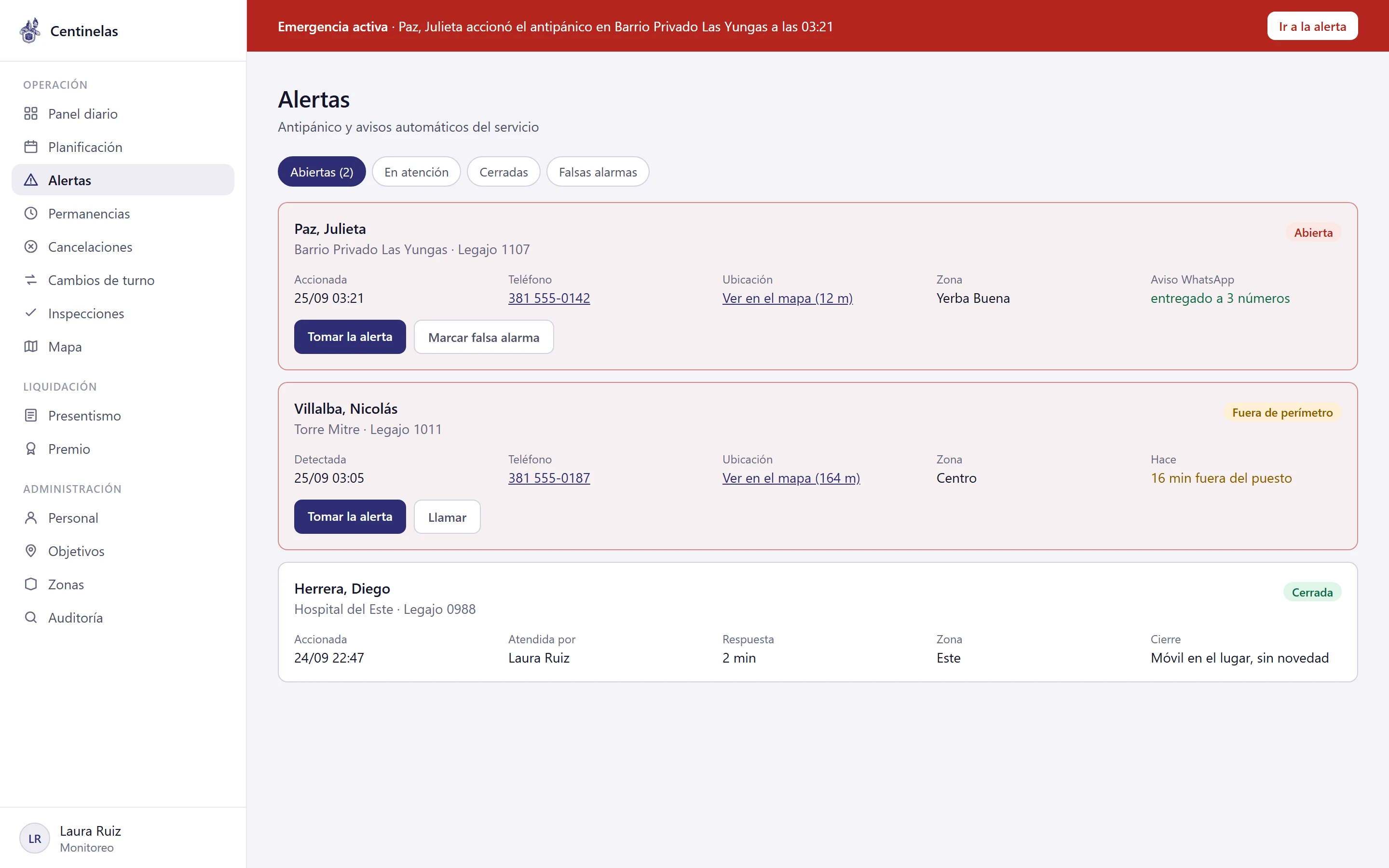 Panel: alertas