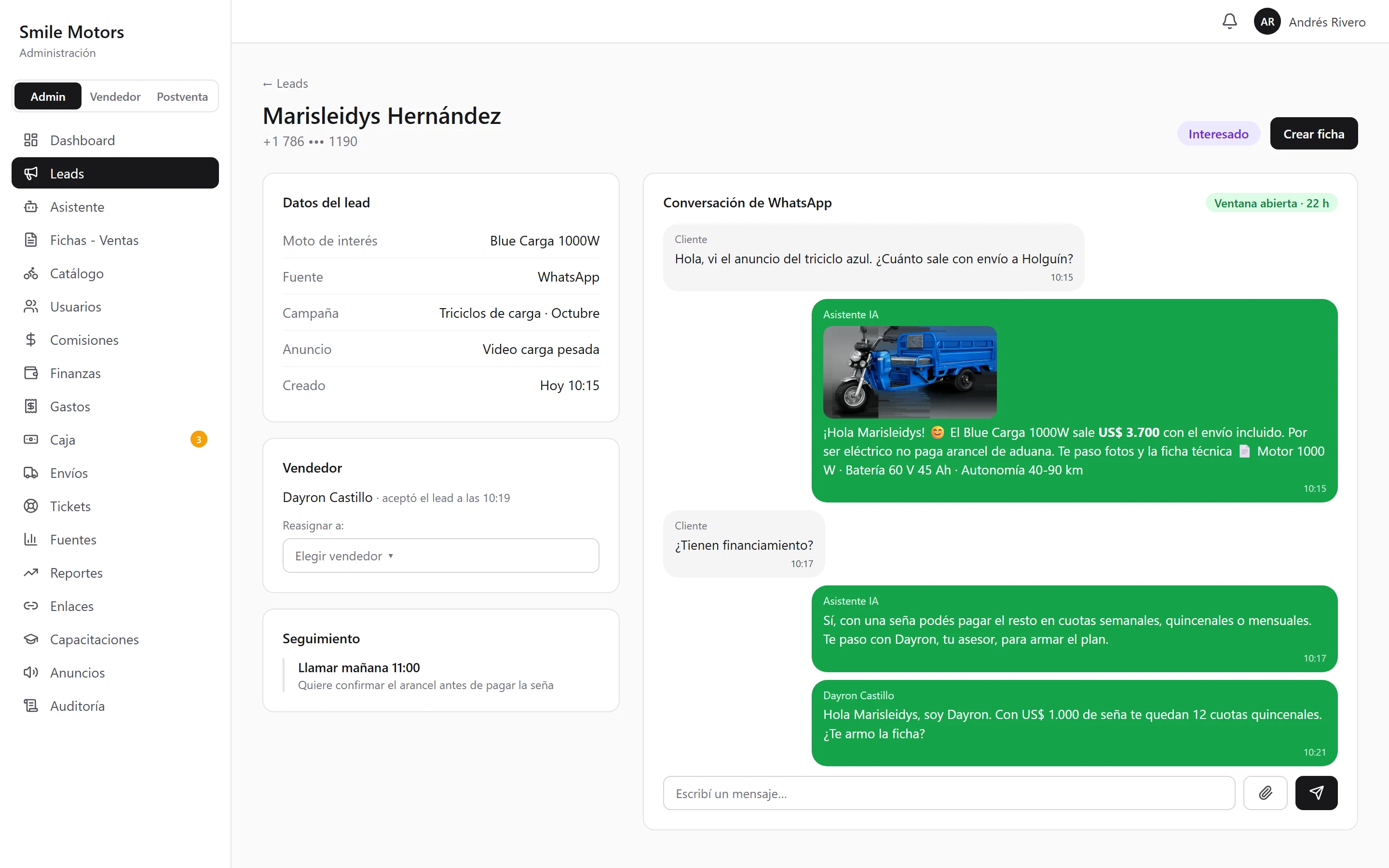 CRM: chat de WhatsApp con el asistente IA